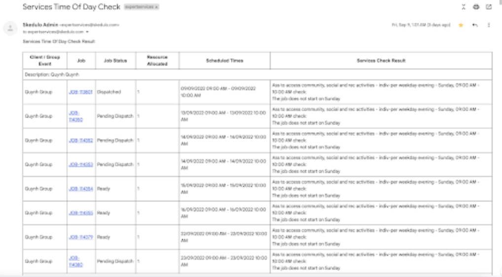 Services Time Of Day Check email with client, job, status, resource allocated, scheduled time and result columns