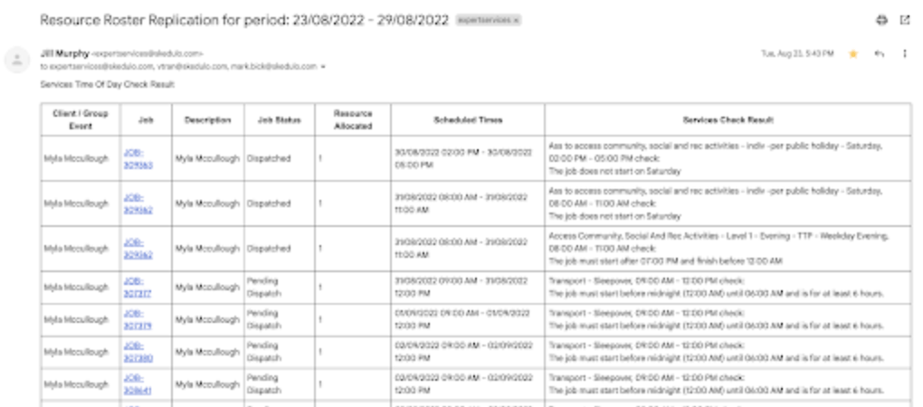 Resource Roster Replication email with a Services Time Of Day Check results table for replicated jobs