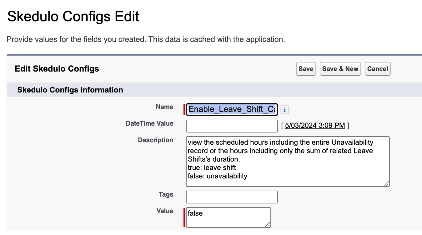 Skedulo Configs Edit screen for the Enable_Leave_Shift_Calculation setting, with its description and value false