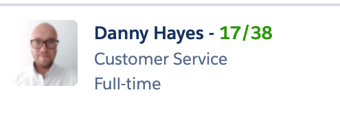 Resource card for Danny Hayes showing scheduled hours of 17/38