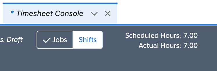 Timesheet Console header showing Scheduled Hours 7.00 and Actual Hours 7.00