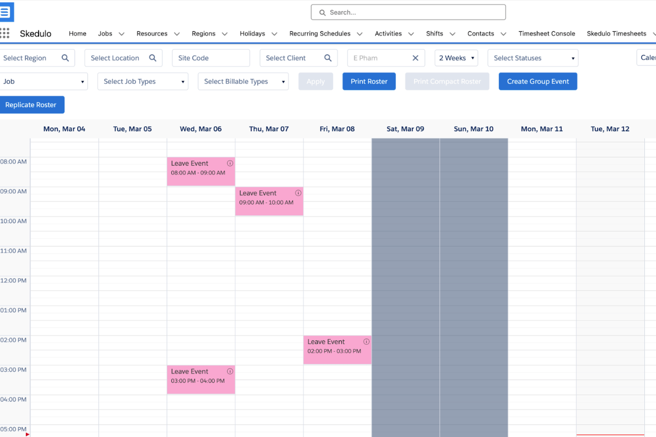 Roster calendar view with pink Leave Event blocks across several weekdays
