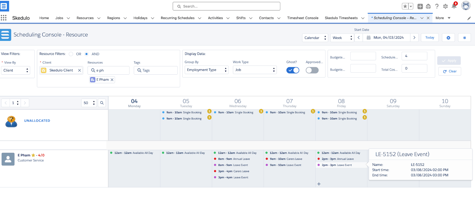 Scheduling Console resource view with a hover card showing details of a Leave Event