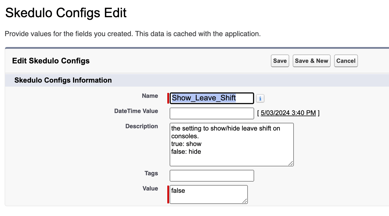 Skedulo Configs Edit screen for the Show_Leave_Shift setting that shows or hides leave shifts on consoles