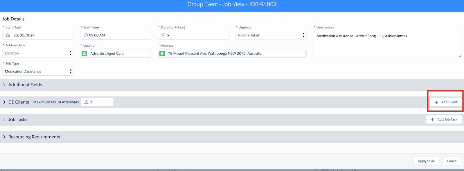 Group Event Job View with the + Add Client button highlighted in the Group Event Clients section