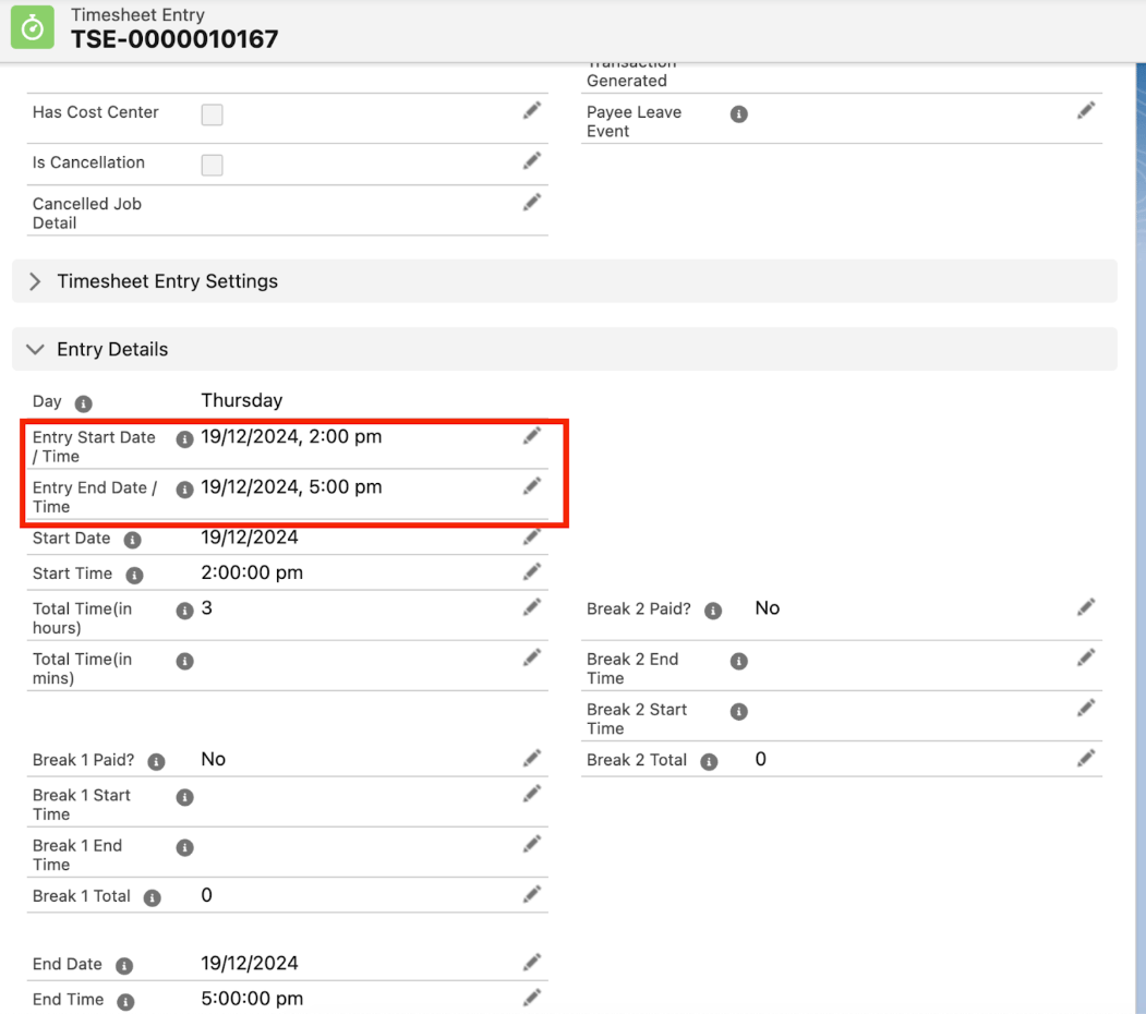 Timesheet Entry record with the Entry Start Date/Time and Entry End Date/Time fields highlighted