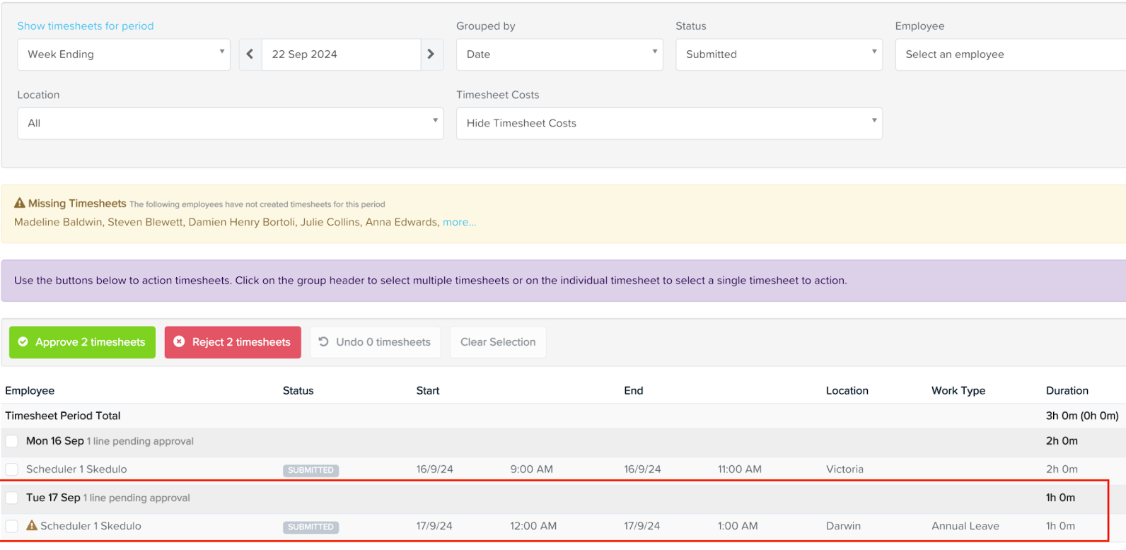Employment Hero timesheet list with an Annual Leave timesheet item highlighted under its date
