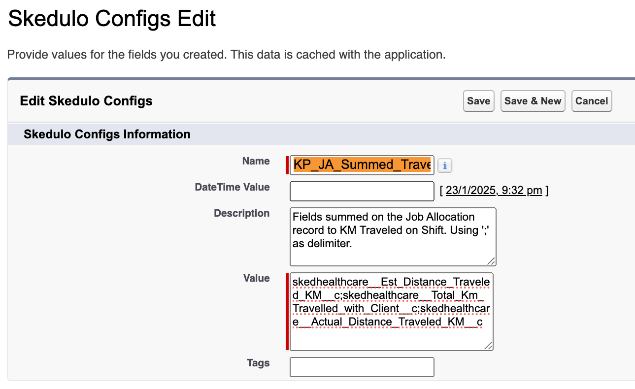 Skedulo Configs Edit screen for KP_JA_Summed_Travel_Km_Fields listing the distance fields summed into km travelled