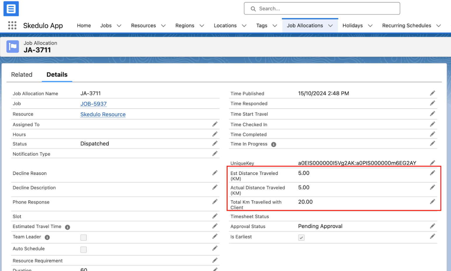 Job Allocation record with the Est Distance, Actual Distance and Total Km Travelled with Client fields highlighted