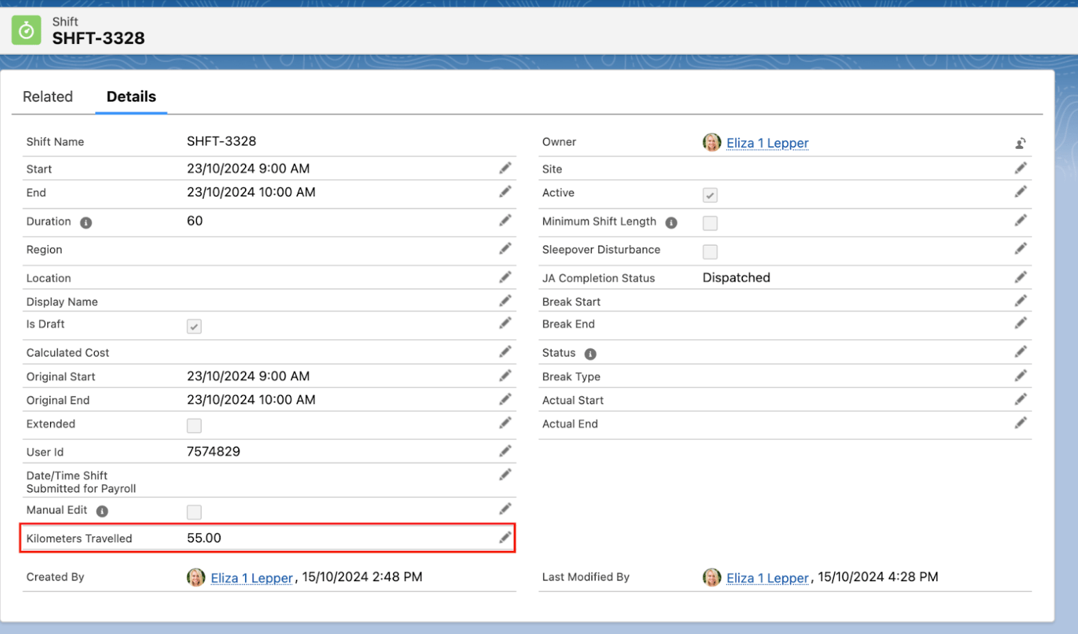 Shift record details with the Kilometers Traveled field highlighted, showing 55.00