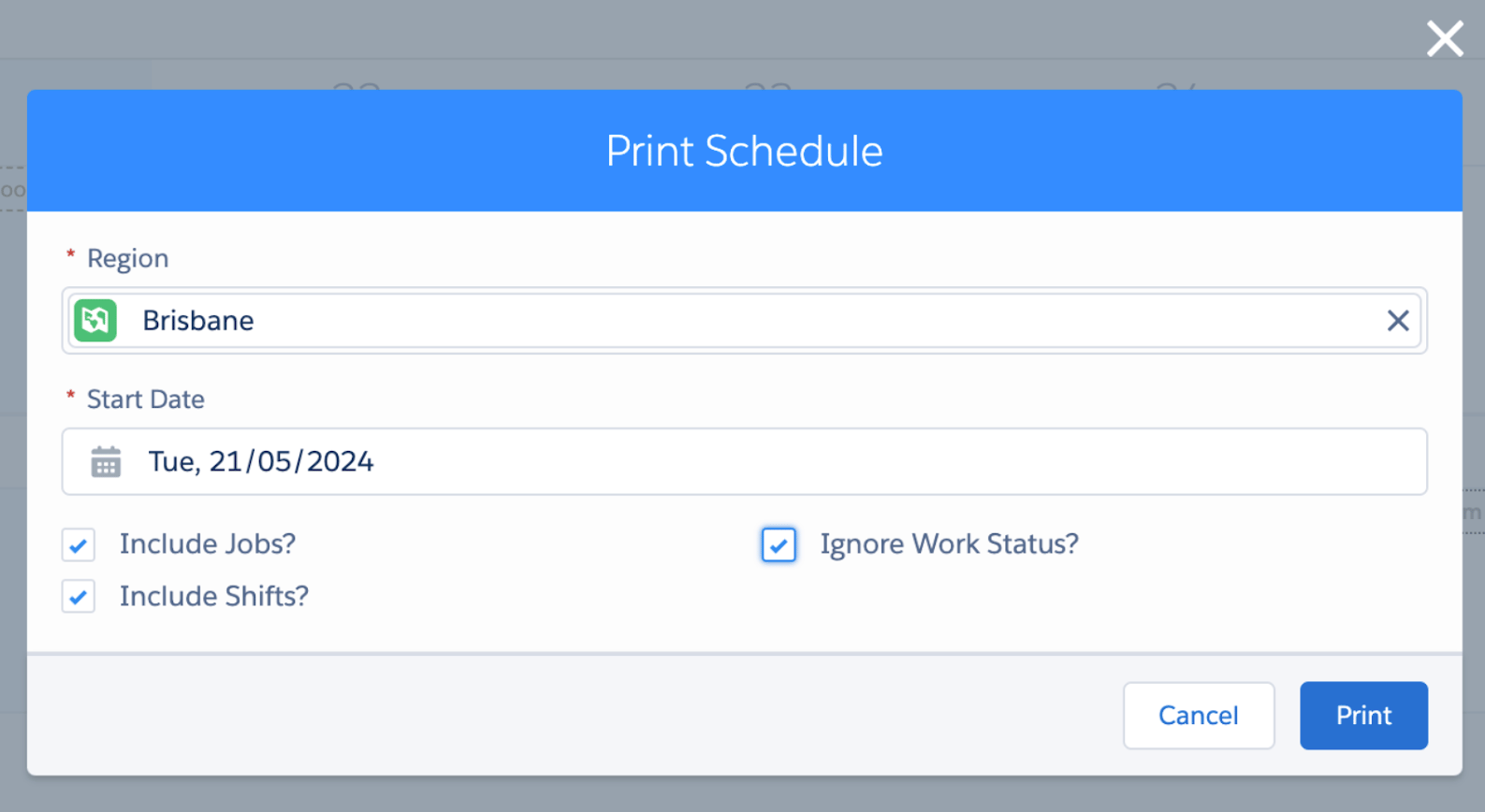 Print Schedule dialog with region, start date and include jobs, shifts and ignore work status options
