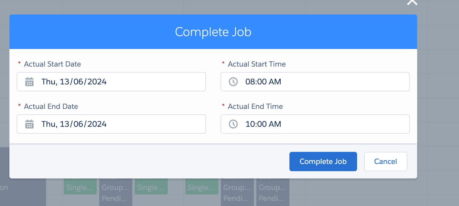 Complete Job dialog with actual start and end date and time fields