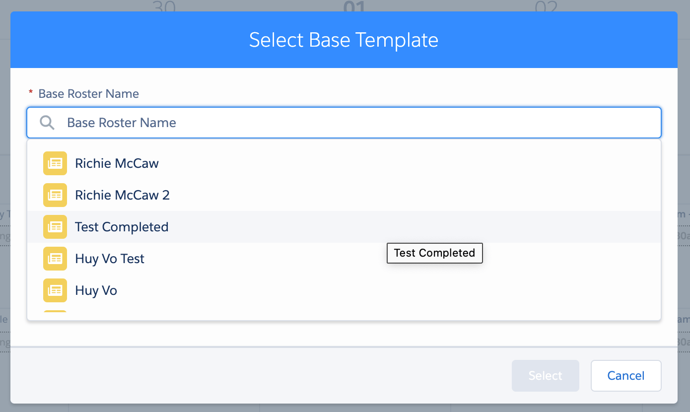 Select Base Template dialog with a searchable list of base roster names