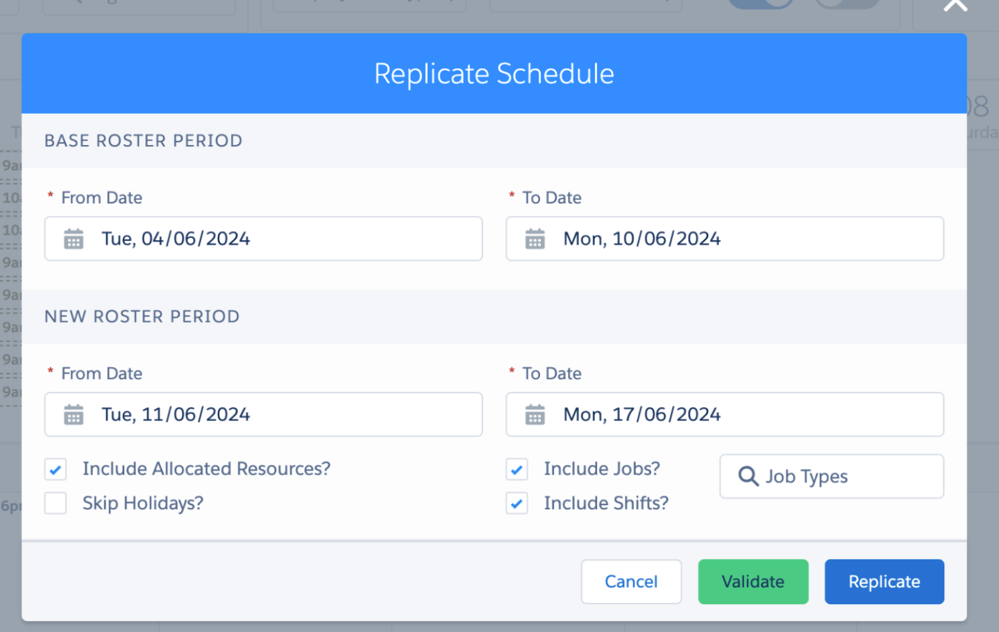 Replicate Schedule dialog with base and new roster period dates and include jobs, shifts and resources options