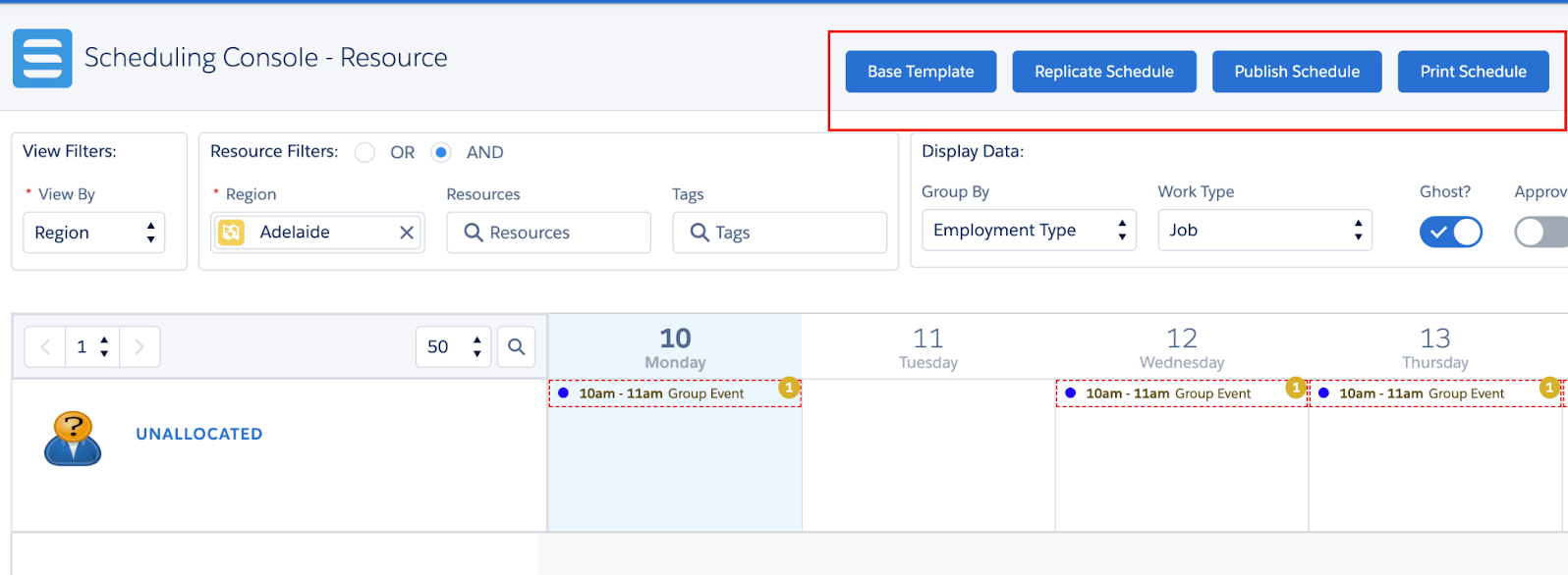 Scheduling Console resource view with the Base Template, Replicate, Publish and Print Schedule buttons highlighted