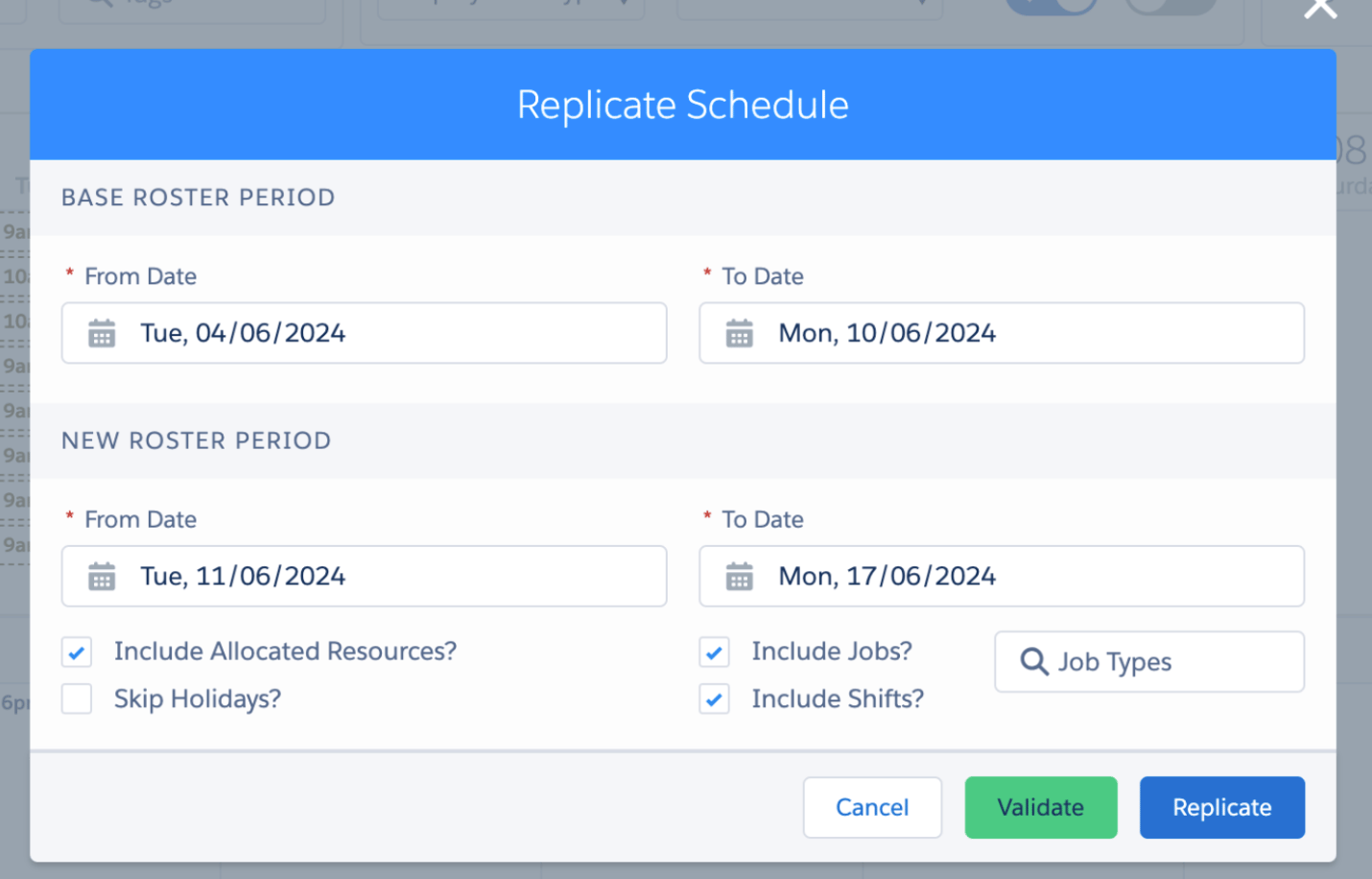 Replicate Schedule dialog with base and new roster period dates and include jobs, shifts and resources options