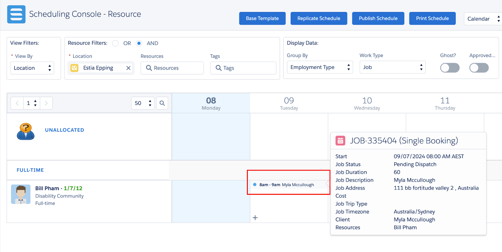 Scheduling Console resource view with a job card showing the client name and its Single Booking job details popover