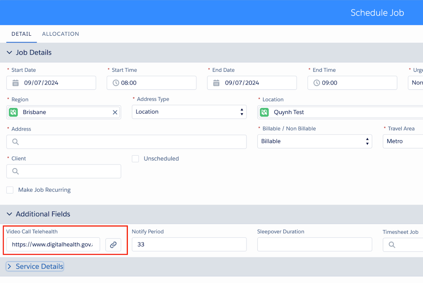 Schedule Job form with a Video Call Telehealth URL in the Additional Fields section, highlighted