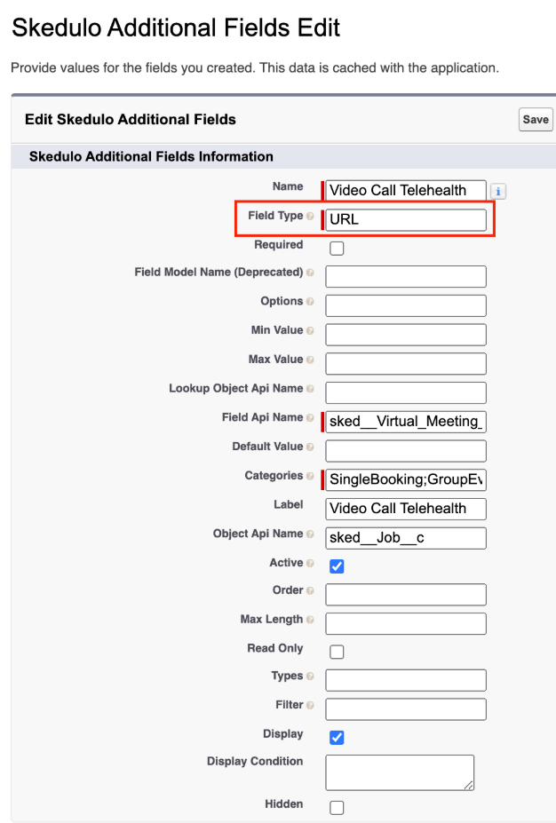 Skedulo Additional Fields Edit settings page with Field Type set to URL for the Video Call Telehealth field