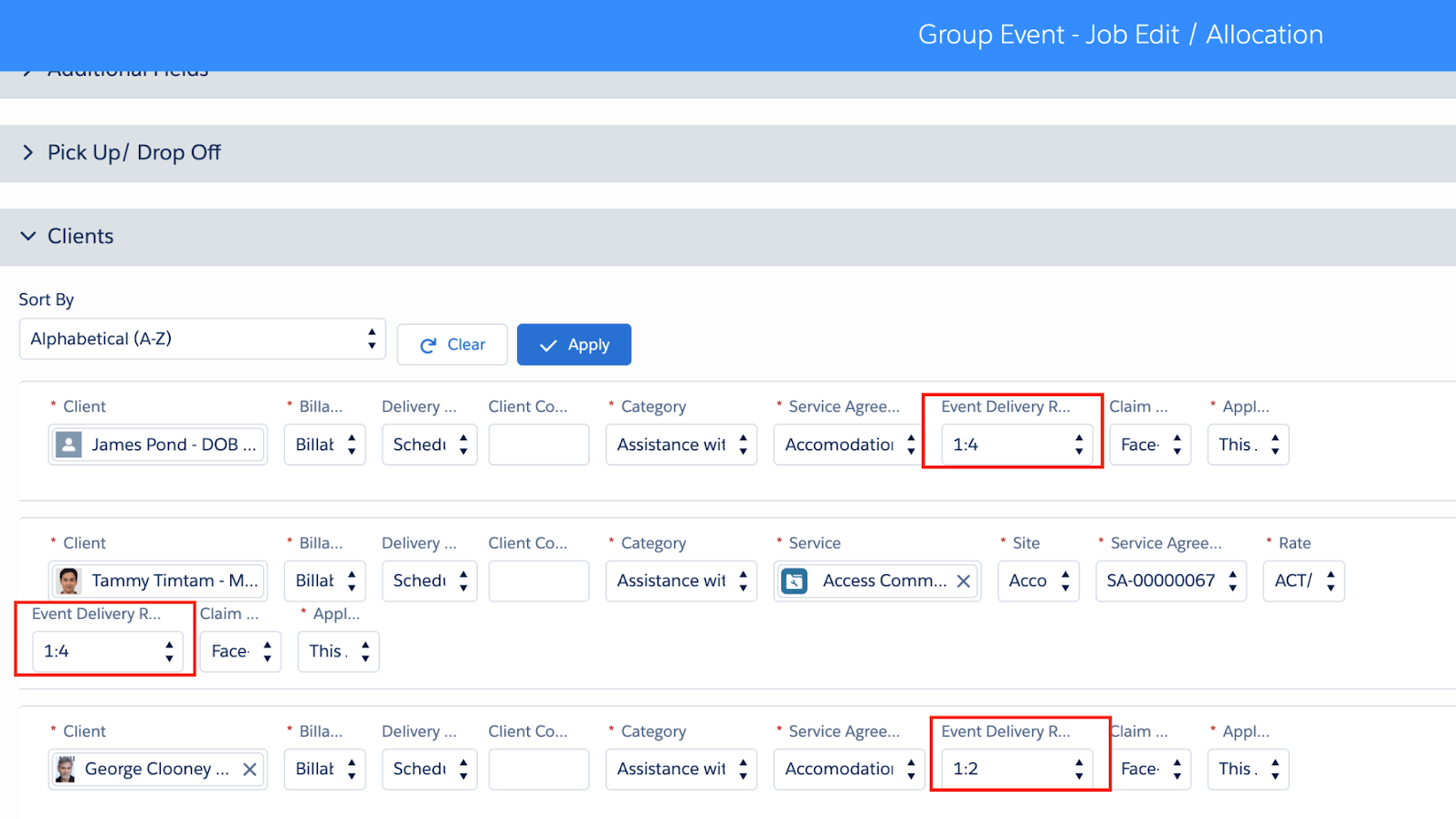 Group Event job edit Clients section with Event Delivery Ratio values of 1:4 and 1:2 highlighted per client