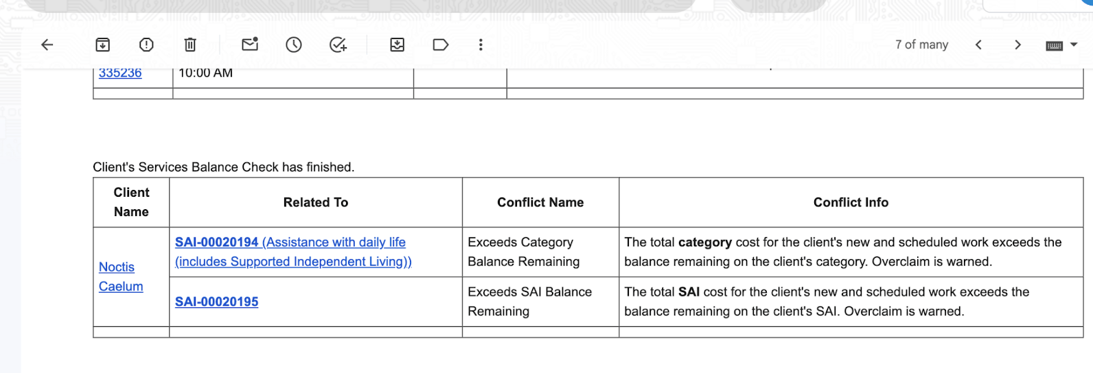 Client's Services Balance Check email listing category and SAI balance conflicts for a client