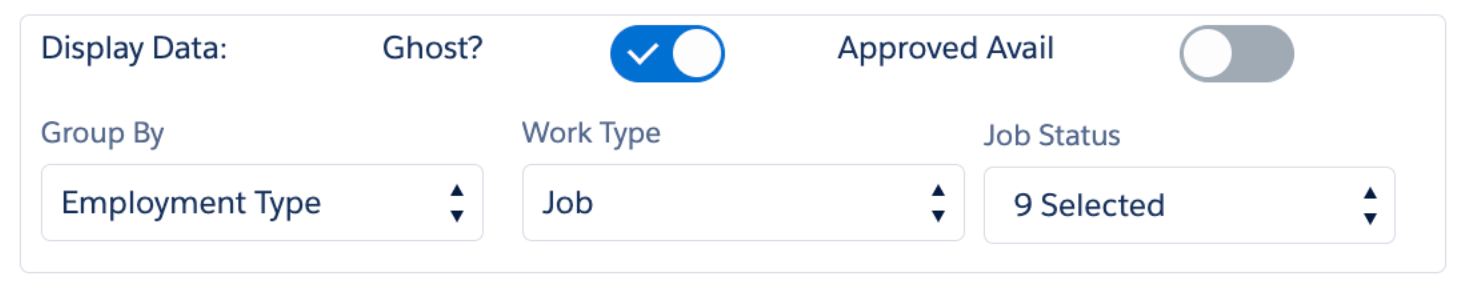 Scheduling Console display options with the new Job Status filter beside Group By and Work Type