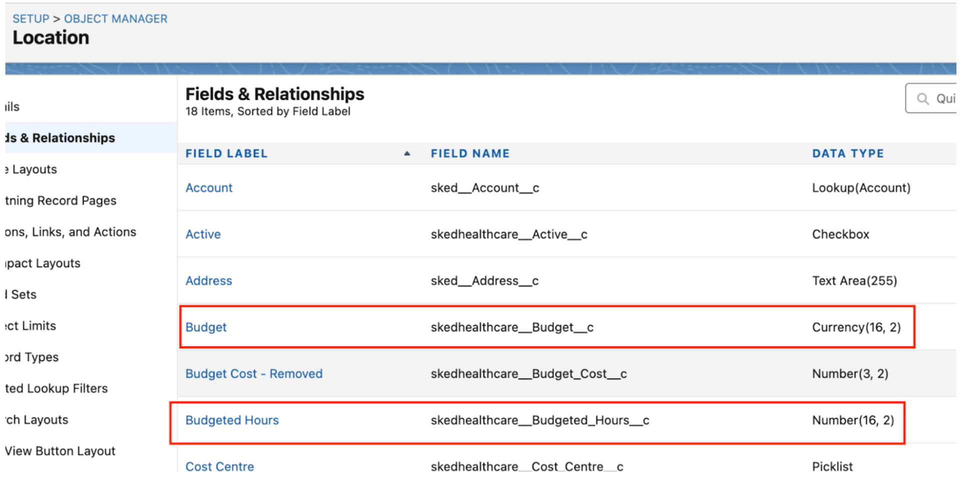 Salesforce Object Manager Location fields list with Budget and Budgeted Hours highlighted as 16,2 length fields