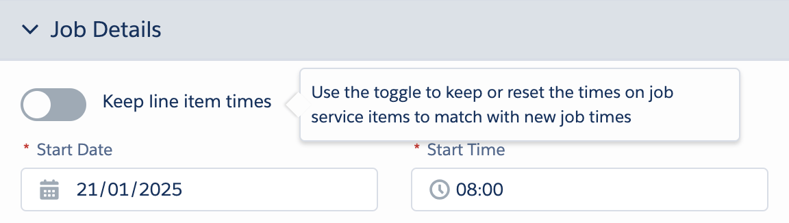 Job Details section with the Keep line item times toggle and its tooltip about keeping or resetting line item times
