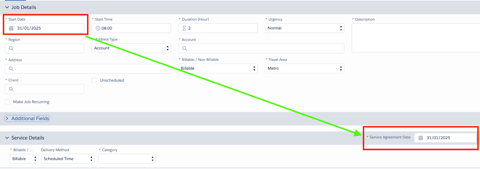 Schedule Job modal where the Start Date carries over to the Service Agreement Date field in Service Details