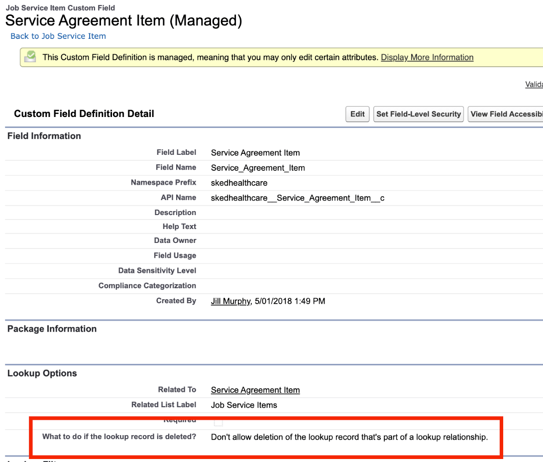 Service Agreement Item custom field definition with the lookup deletion option set to Don't allow deletion, highlighted