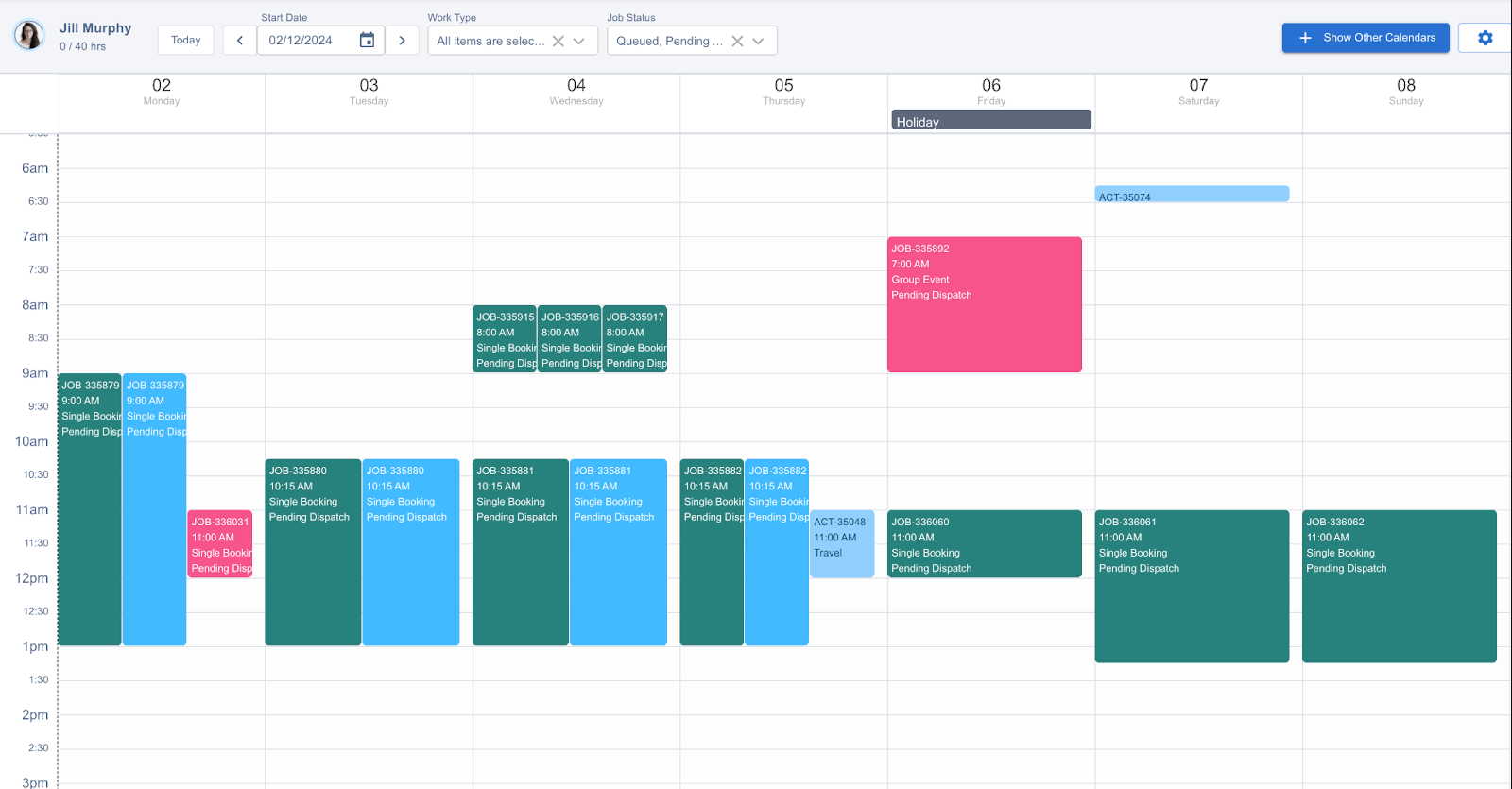 Resource calendar week view showing a worker's Single Booking jobs and activities as coloured blocks