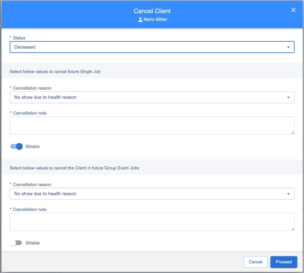 Cancel Client modal with status, cancellation reasons, notes and Billable toggles for single and group event jobs