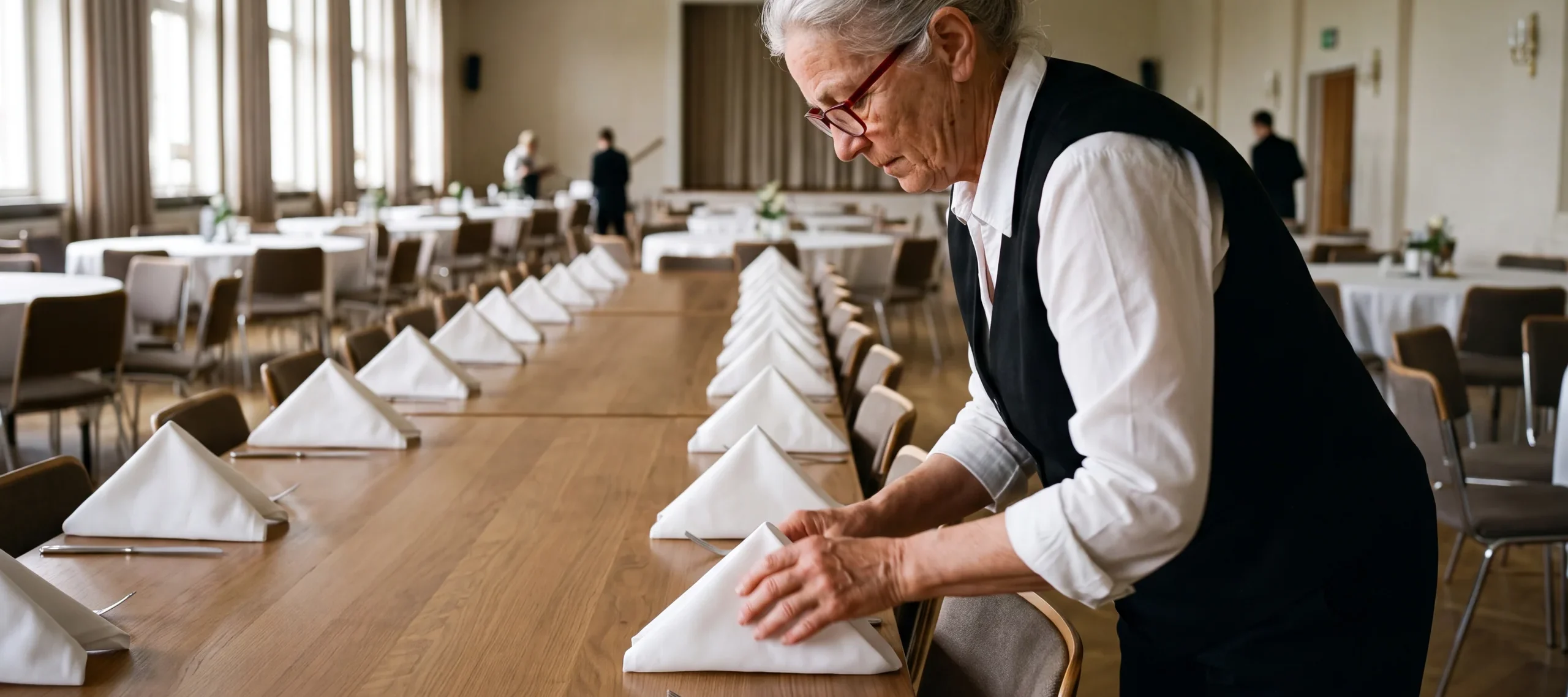 Staff folding napkins into peaks along head table