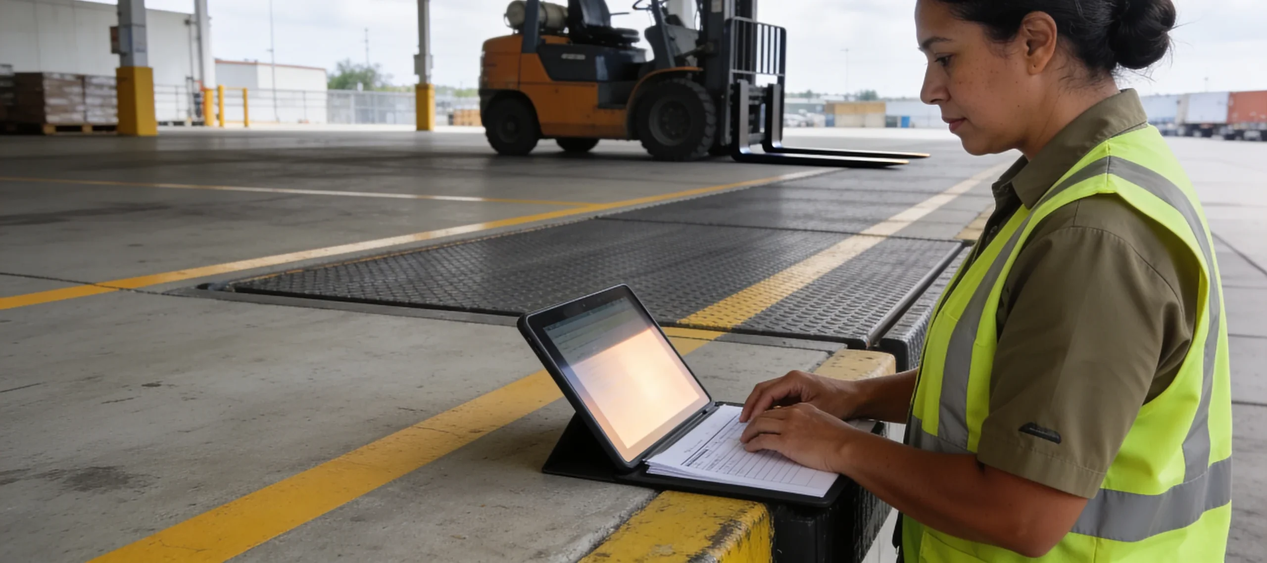 EHS manager on tablet walk-through at loading dock