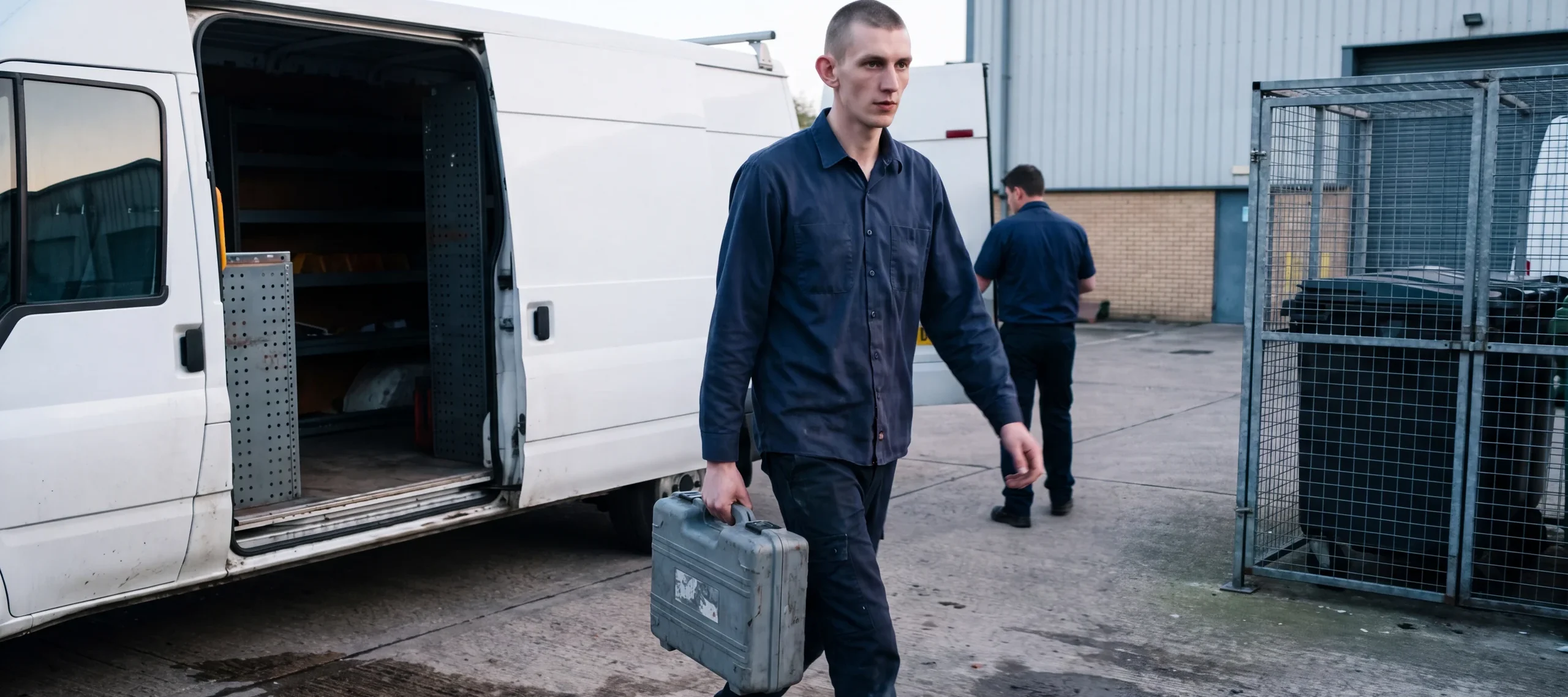Technician arriving at office service entrance from company van