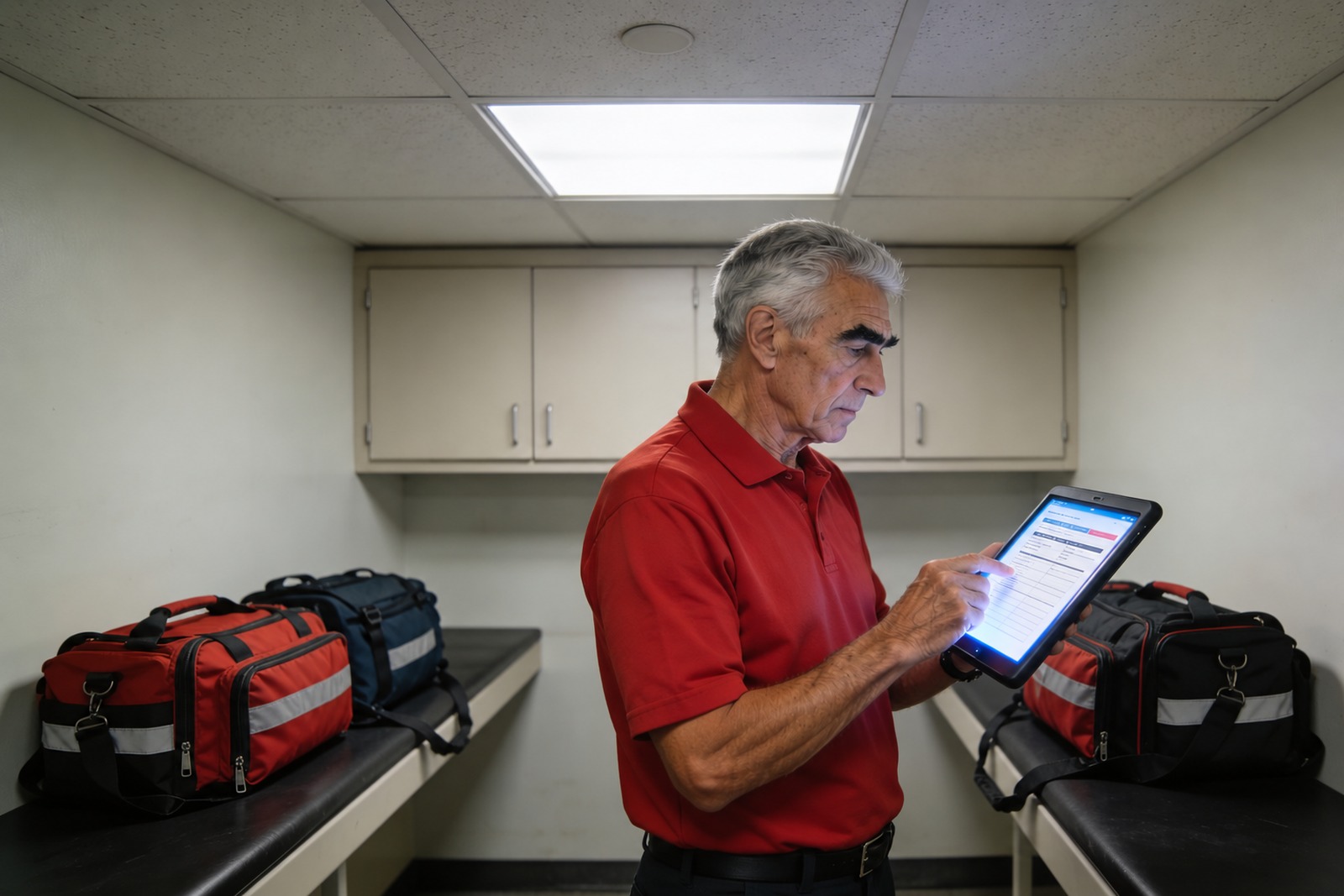 Safety officer completing an inspection form on a tablet