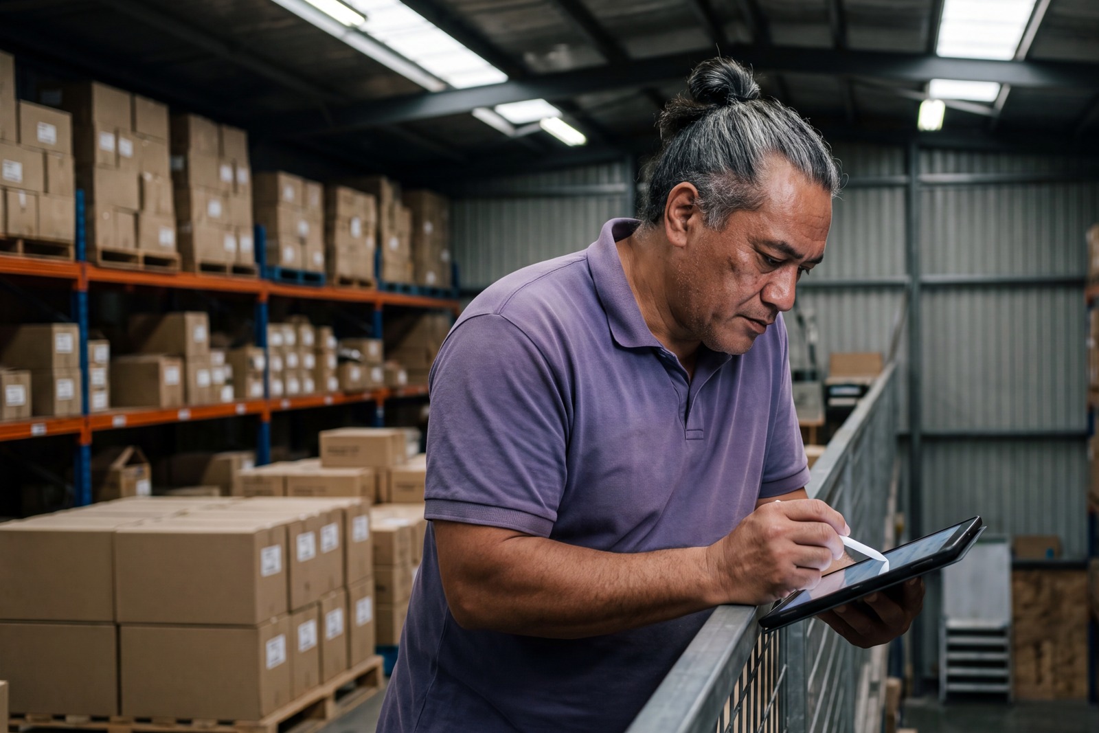 Stockroom worker checking tasks on a tablet mid-shift