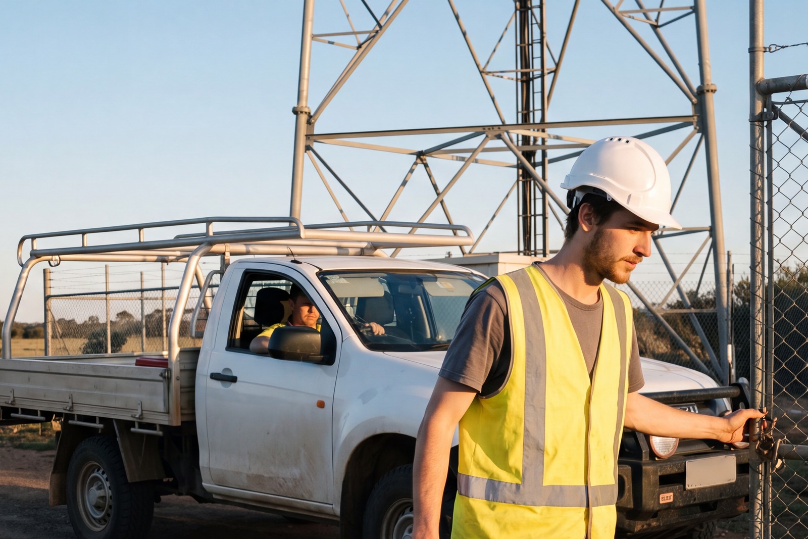 Technician arriving at a tower site gate at dawn