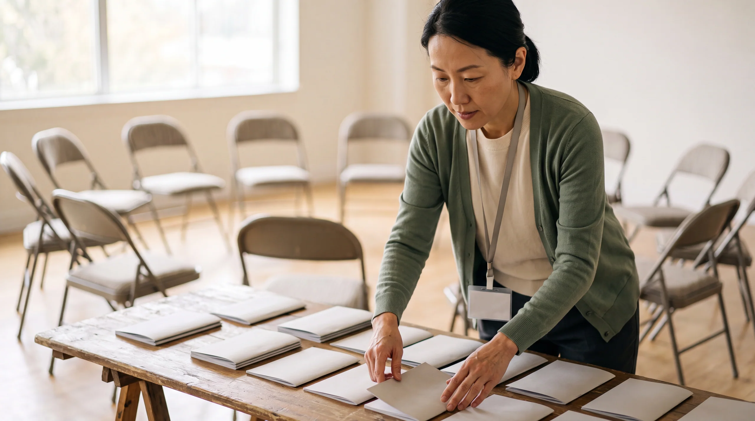 Health educator preparing table of materials before seniors' session